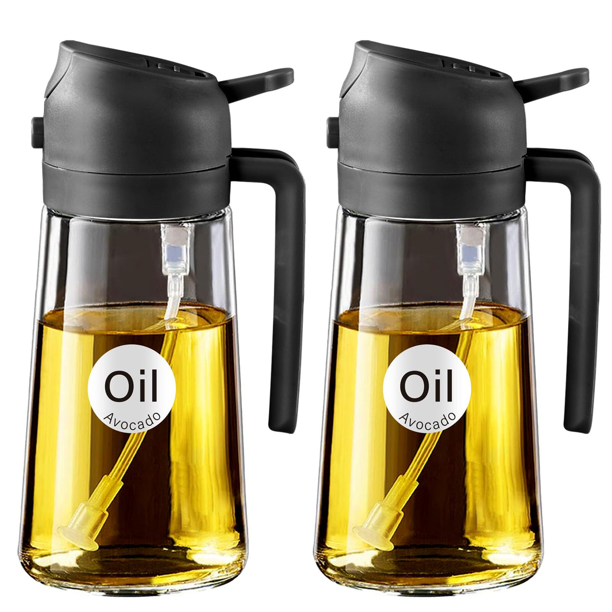YARRAMATE 2Pcs 16oz/470ml 2 in 1 Oil Sprayer for Cooking with Stickers, Food-grade Glass Oil Spray Bottle, Oil Dispenser and Oil Sprayer for Kitchen, Salad, Frying, BBQ (White &Black)