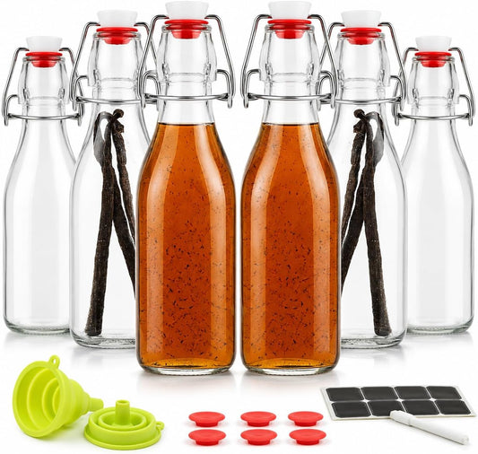 Vanilla Extract Bottles [8.5 oz, 6-Pack] – Flip Top Swing Top Glass Bottles for Homemade Extracts, Kombucha, Coquito, Juice – Airtight Leak-Proof Caps with Funnel, Extra Gaskets, Labels & Marker
