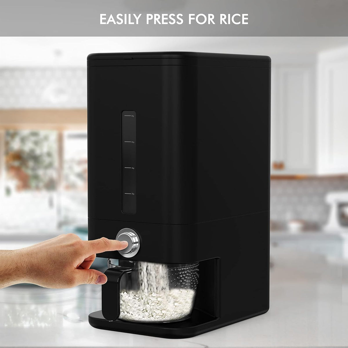 25lb Rice Dispenser - Air Tight Grain & Rice Container With Smart Quantity Dispense, Measuring Cup - NEW Black Design Grain Storage Container.