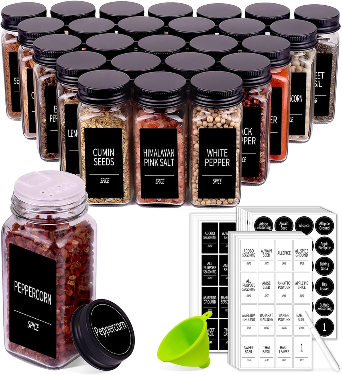 Churboro 25 Pack Glass Spice Jars with Labels, 4oz Spice Containers