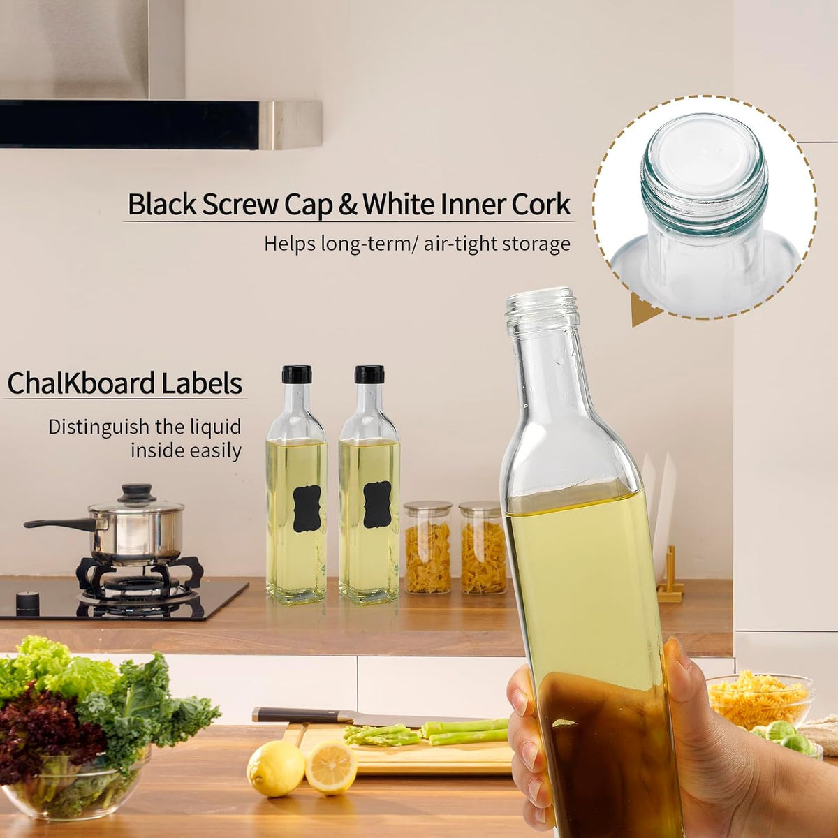 BAKHUK 4 Pack 17oz Olive Oil Dispenser Bottles Clear Glass with Pourers