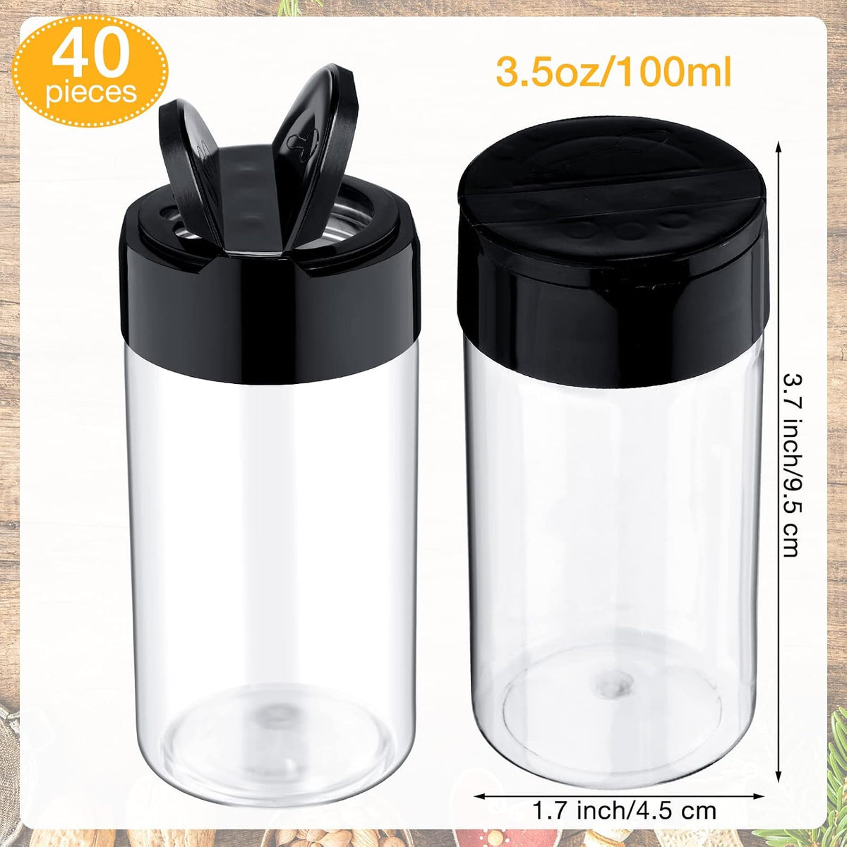 Mimorou 40 Pack Plastic Clear Spice Jar with Shaker Lids, Black, 3.5 oz