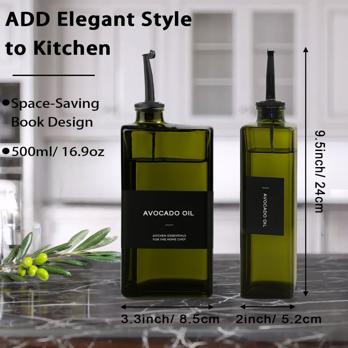Olive Oil Dispenser Bottle for Kitchen 16.9oz, UV-Blocking Oil and Vinegar Dispenser Set, Soy Sauce Dispenser, Space Saving Design for Countertop (Green, 2pcs)