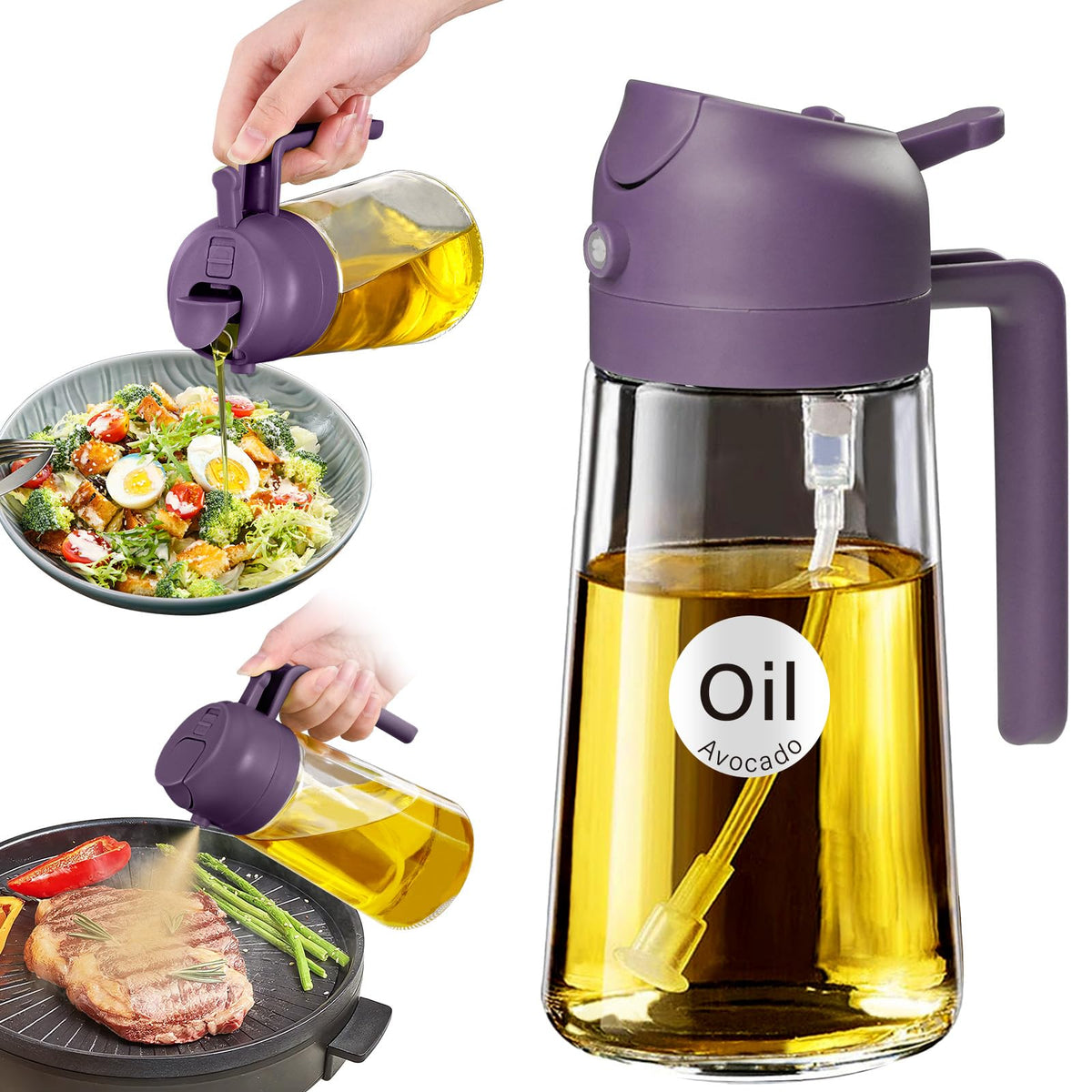 YARRAMATE Olive Oil Dispenser, 2 in 1 Oil Sprayer for Cooking, 16oz/470ml Glass Oil Spray Bottle with Pourer, Food-grade Oil Dispenser and Oil Sprayer for Kitchen, Salad, Frying, BBQ (Black & Green)