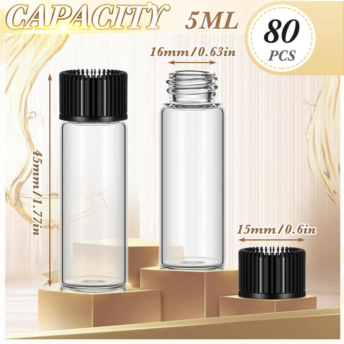 Lallisa 80 Pcs 5 ml Glass Vials with Screw Caps, Leakproof Small Glass Bottles Bulk, Mini Sample Vials with Plastic Stopper for Essential Oils, Sample, DIY Craft (Clear with Black Cap)
