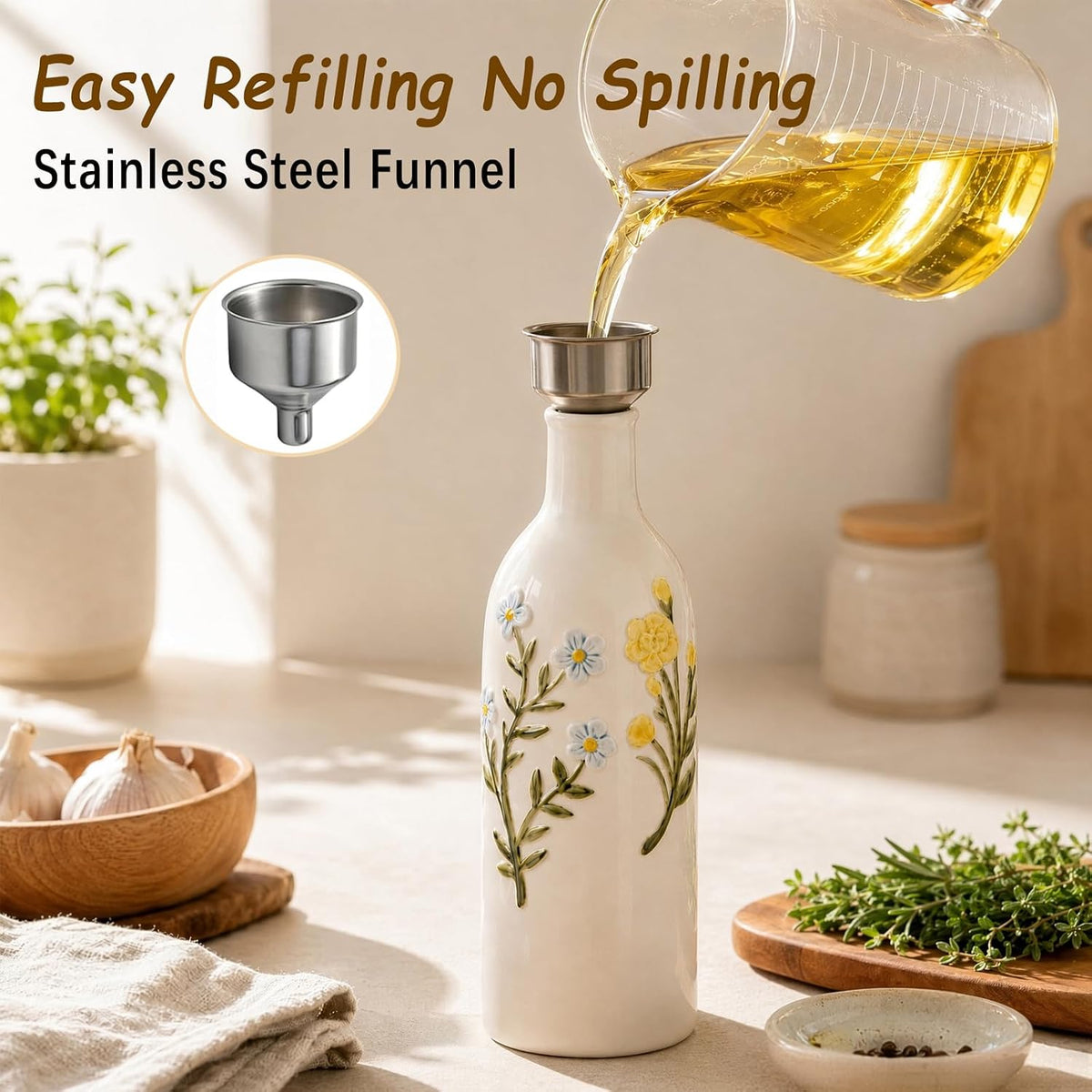 Ceramic Olive Oil Dispenser Bottle with Spout, 18 OZ, Flower