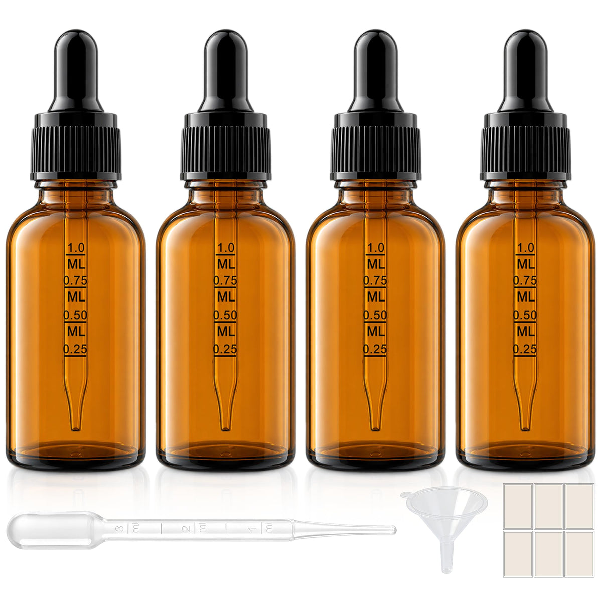 PrettyCare Glass Eye Dropper Bottles 24 Pack, 1oz (30ml) Clear Empty Thick Bottles Bulk with Leakproof Golden Caps - With Labels & Funnels for Storage, Travel, Essential Oils, Cuticle Oils, Tinctures