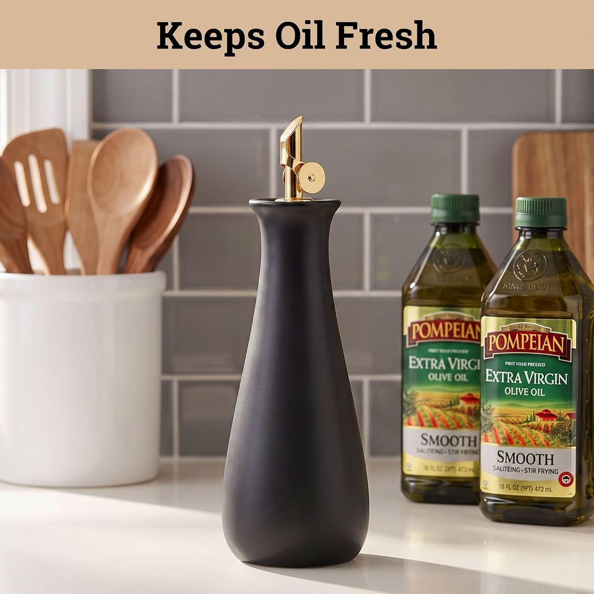 Ceramic Olive Oil Dispenser with Self-Closing Gold Spout, 530mL, Leakproof
