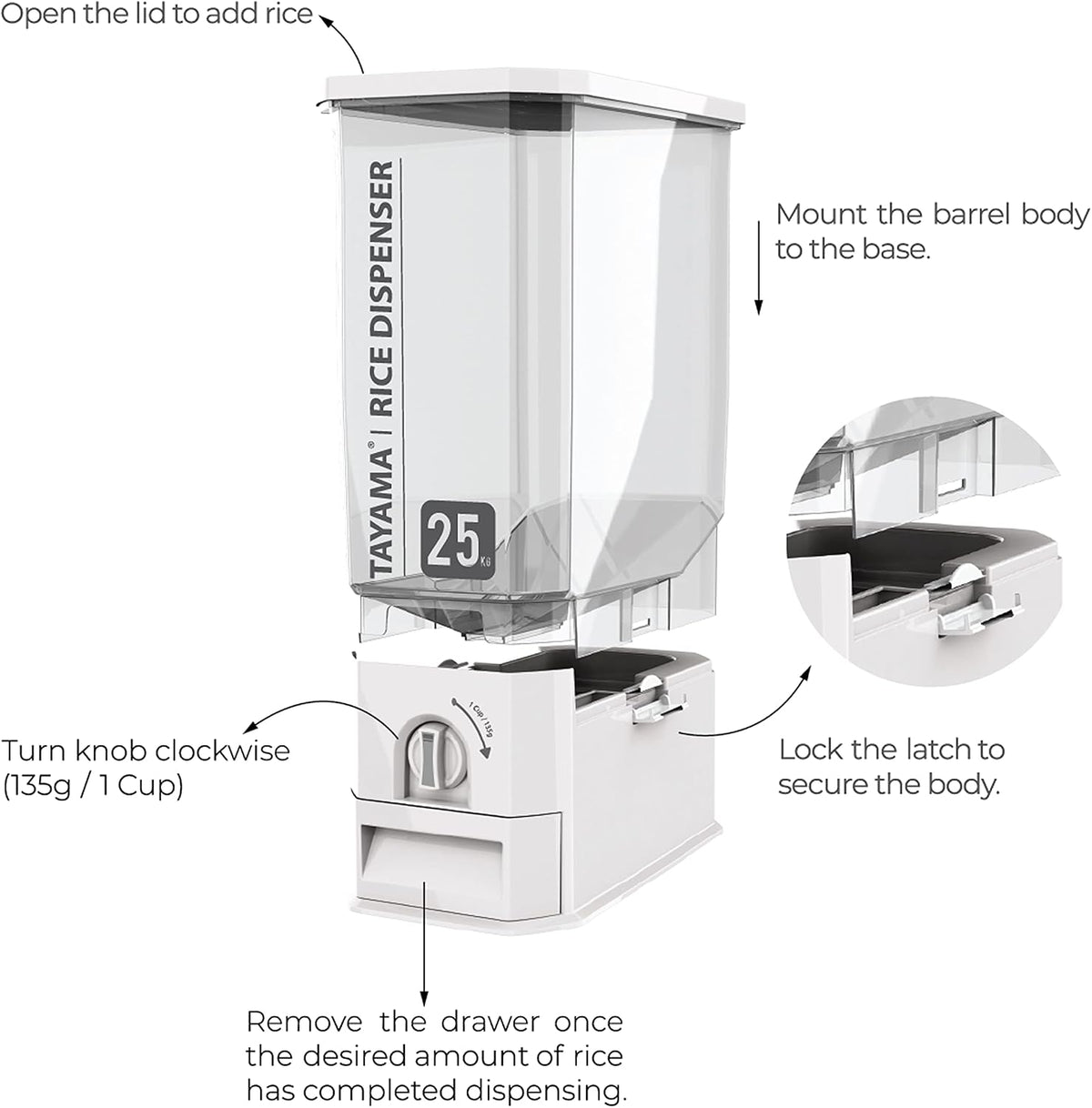 TAYAMA 55 lbs. Capacity Rice Dispenser Grain Storage Container,White