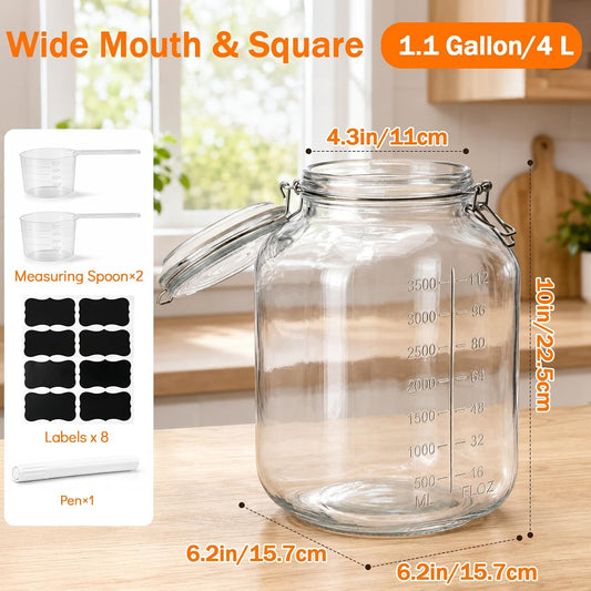 1.1 Gallon Glass Food Storage Containers with Airtight Lids, 2 Pack Large Flour Sugar Storage containers, Wide Mouth, Scoops, 8 Labels Included, Mason Jar for Pantry Organization, Pickling, Leak Proof