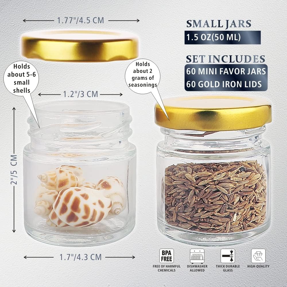 1.5oz Small Glass Jars with Lids, 60 Pcs Mini Honey Jars for Sample, Favors