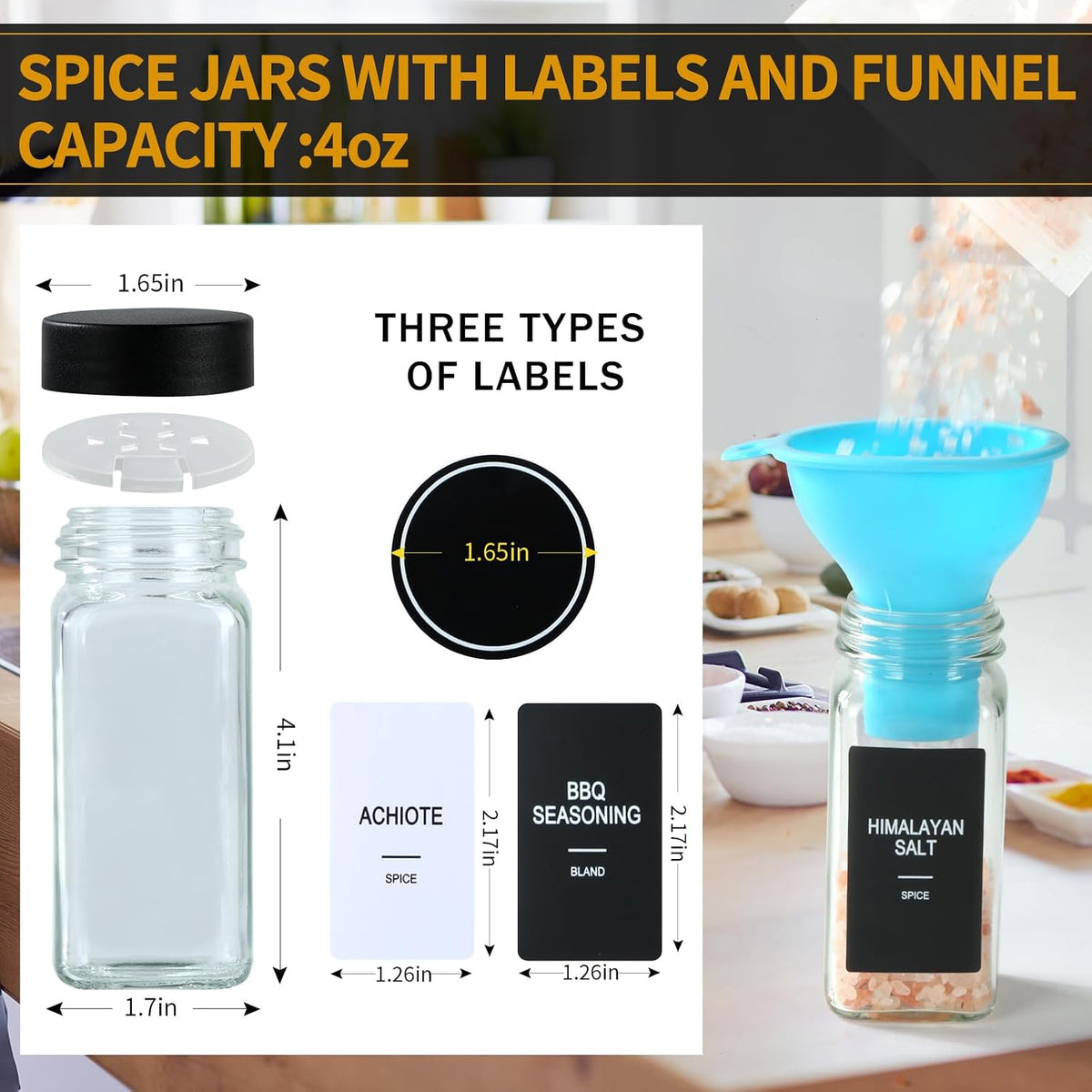 24 Glass Spice Jars with Labels, 4oz Spice Containers with Airtight Lids