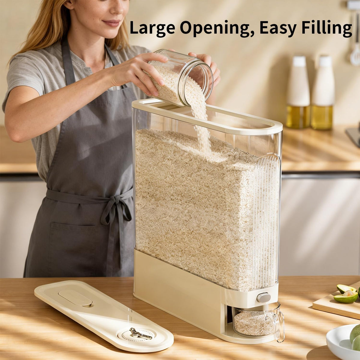 Rice Dispenser 11 Lbs, Airtight Rice Storage Container with Measuring Cup for Kitchen Pantry Organization, One-Touch Smart Dry Food Dispenser for Household Grain