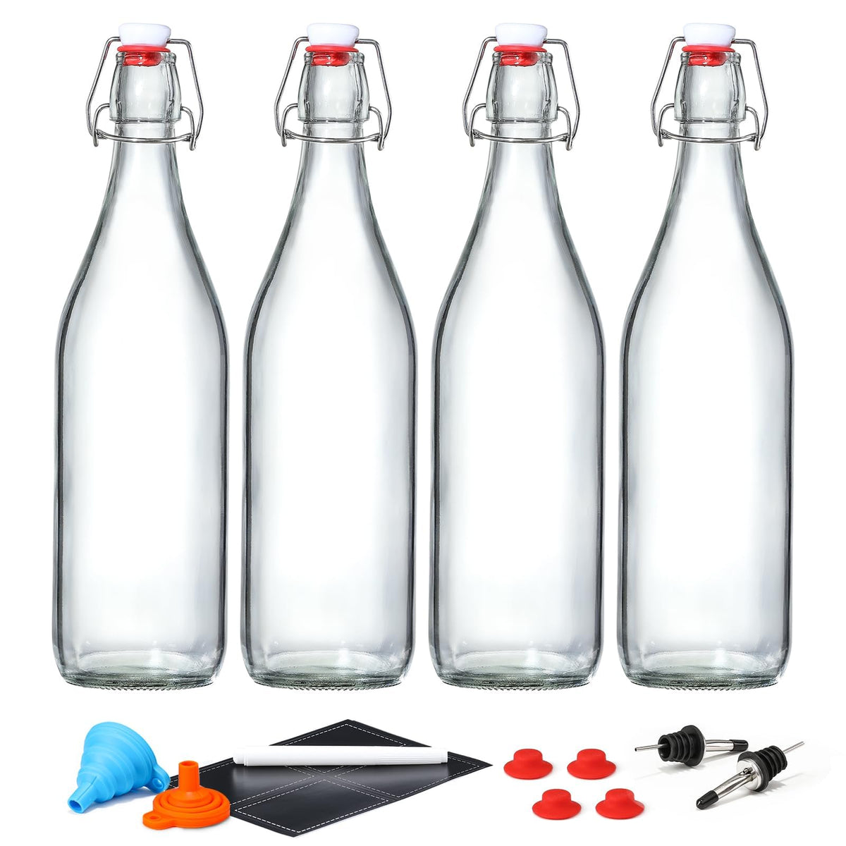 8 PACK [1 Liter/33 fl. oz.] Swing Top Glass Bottles w/ 2 Funnels & Pourers