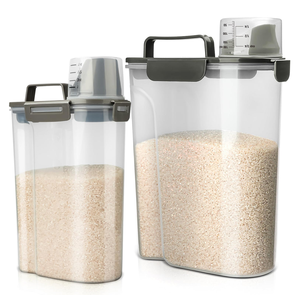 Viretec Rice Airtight Storage Container, 3 to 5Lbs Cereal Dry Food Flour Bin, Pet Dog Cat Food Dispenser with Measuring Cup, BPA Free Clear Plastic Kitchen and Pantry Organization Bin for Sugar
