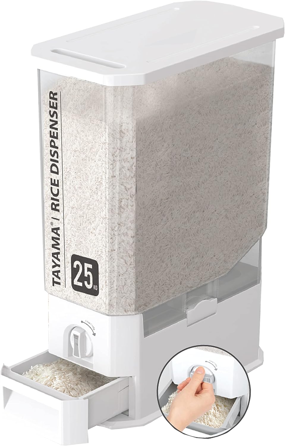 TAYAMA 55 lbs. Capacity Rice Dispenser Grain Storage Container,White