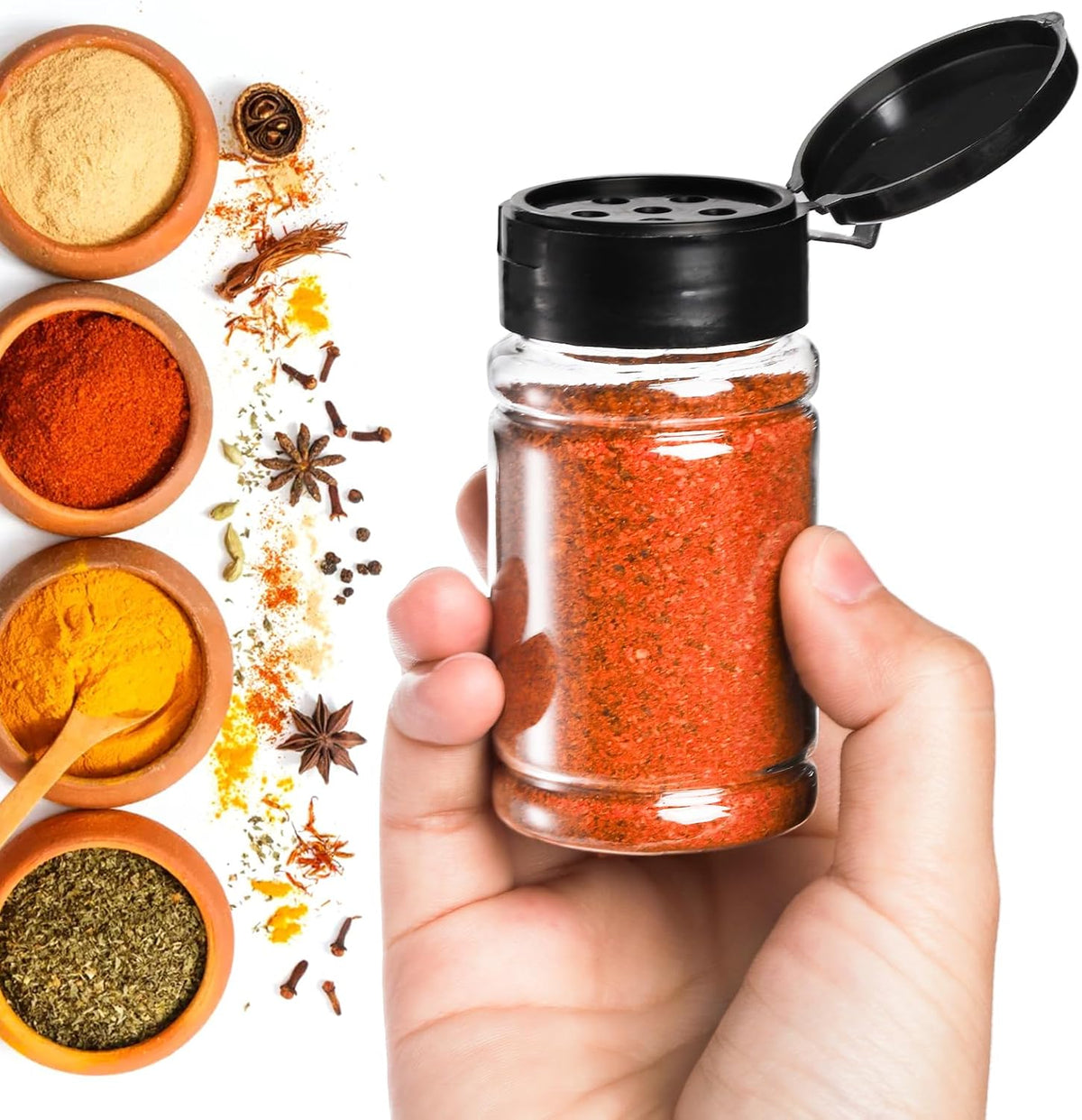 Tosnail 36 Pack 2.7 Oz Small Plastic Spice Bottles with Black Shaker Lids and Labels, Empty Plastic Jars with Lids, Seasoning Shaker Containers for Travel, Camping, Glitter, Gift, Party Favors - Clear