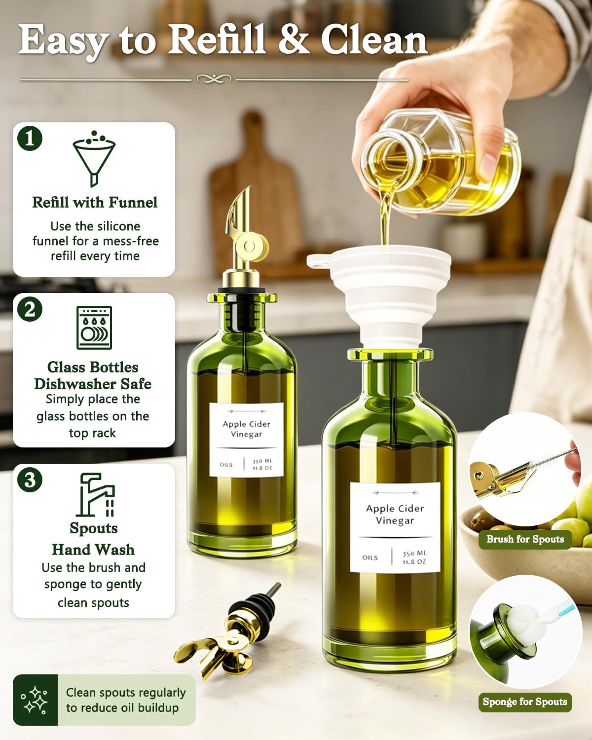 COOLMI Olive Oil Dispenser Set of 2, Dark Green Glass Bottles, 12 oz