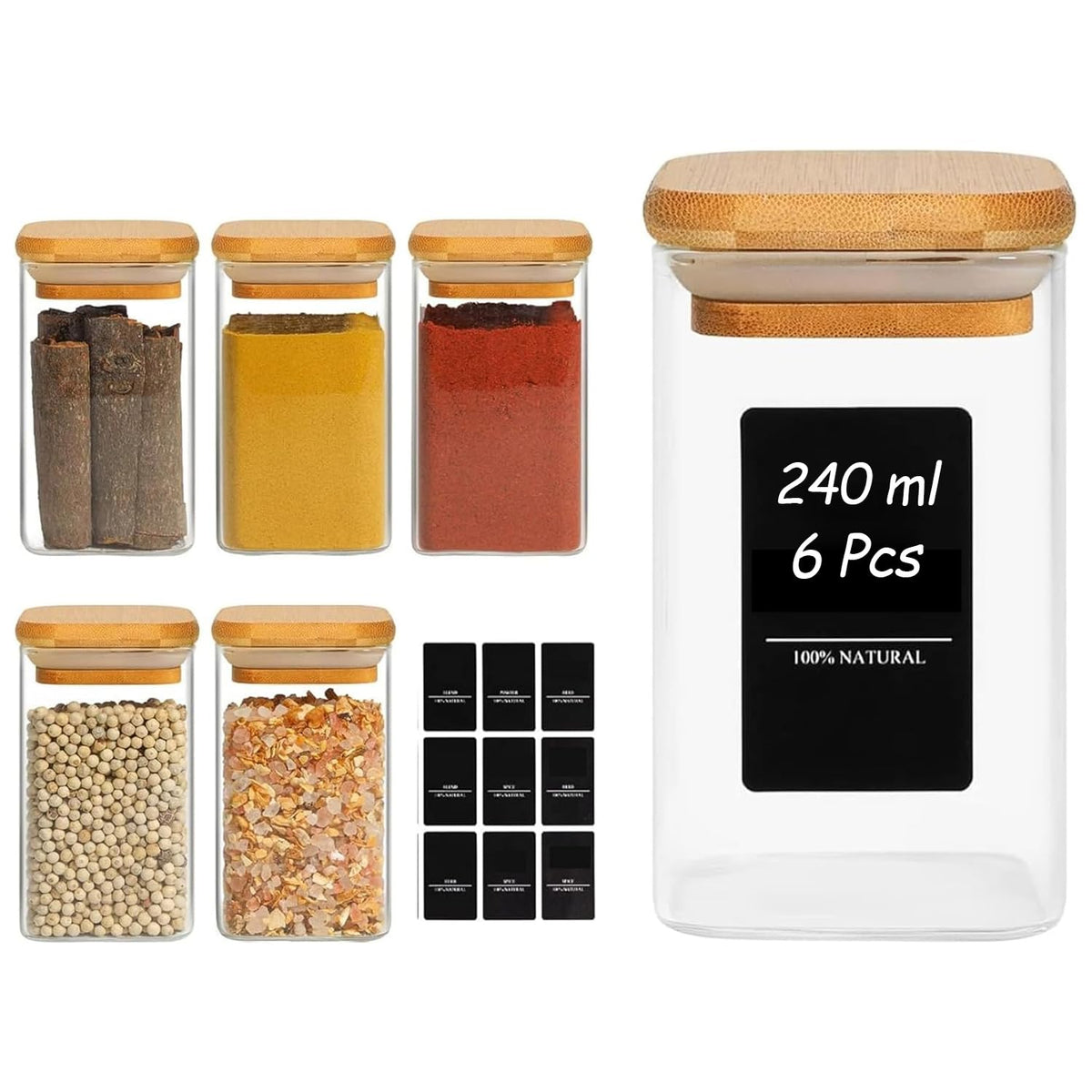 ComSaf Square Glass Spice Jars with Labels 8 oz 16 Pack with Bamboo Lids