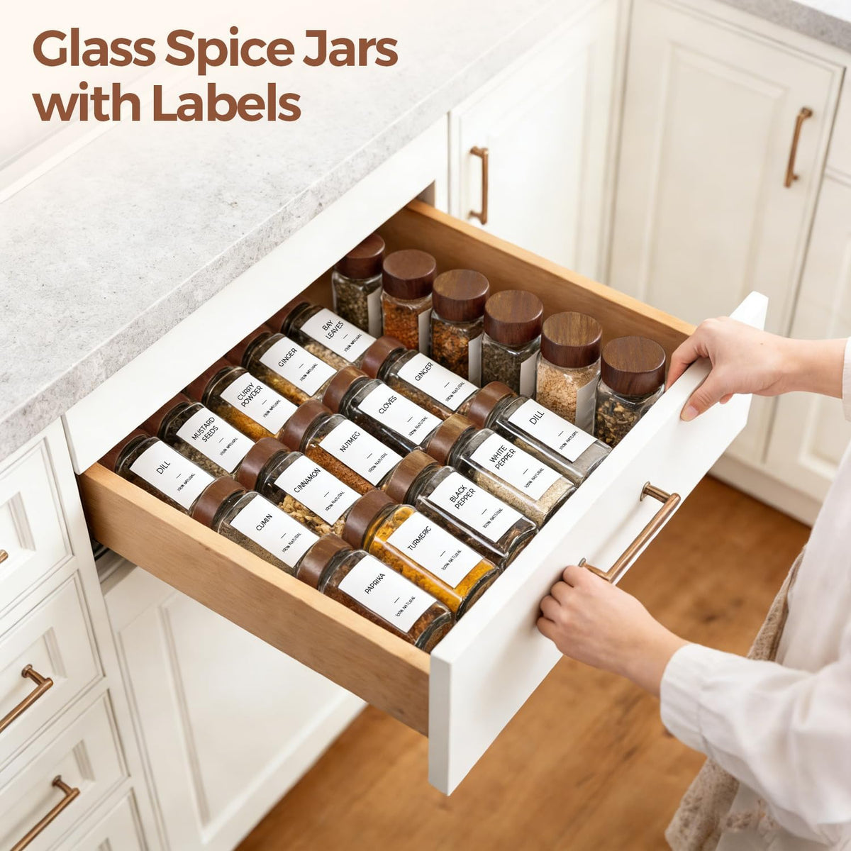 ComSaf Glass Spice Storage Jars with Acacia Wood Lids & Labels 4Oz 24Pack