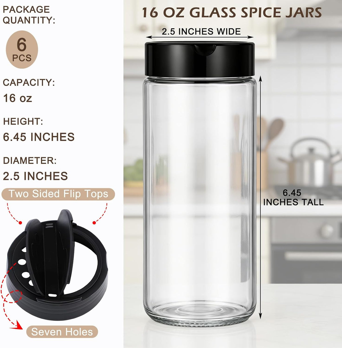 6 Pack 16 oz Glass Spice Jars with Shaker Tops Lids Large Spice Bottle with Lids for Kitchen, Herbs, Sugar, Pantry Herb Salt Pepper Storage (Round)