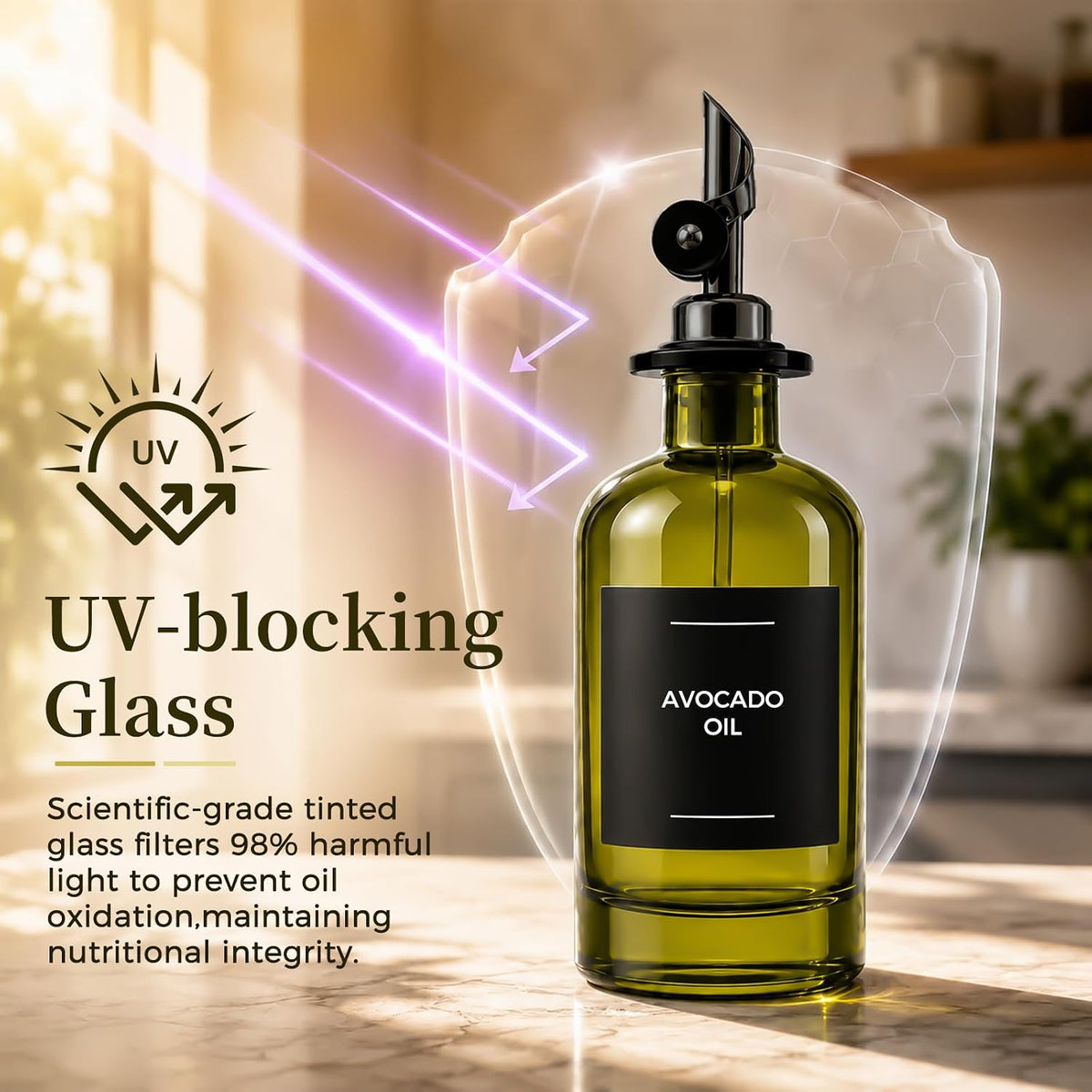 Glass Olive Oil Dispenser Set of 2, 350ml/11.8oz UV-Protected Green Bottles Self-Closing Pourer, Includes 50 Labels, Funnel & Aligner, Oil & Vinegar Dispenser for Kitchen Cooking