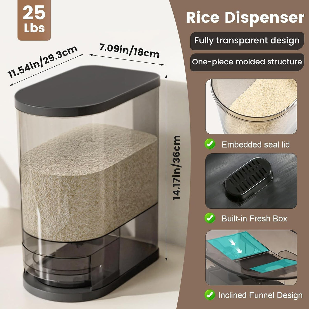 SYNCVIBE Large Rice Dispenser, 22-25 Lbs, Airtight, Measuring Cup, Black