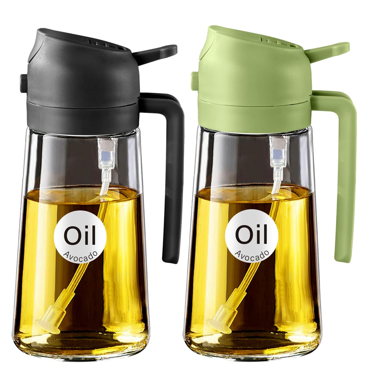 YARRAMATE Olive Oil Dispenser, 2 in 1 Oil Sprayer for Cooking, 16oz/470ml Glass Oil Spray Bottle with Pourer, Food-grade Oil Dispenser and Oil Sprayer for Kitchen, Salad, Frying, BBQ (Black & Green)