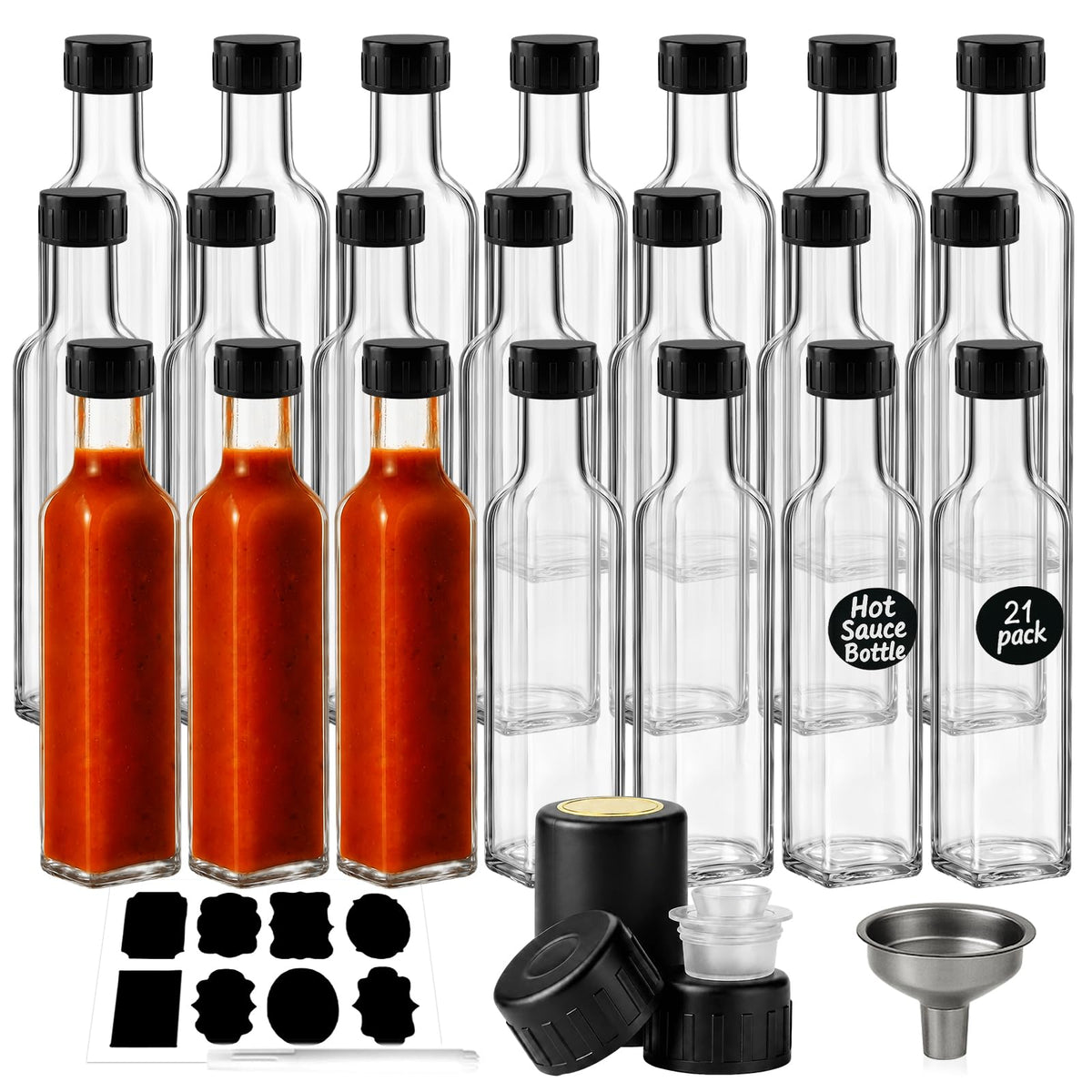WERTIOO Hot Sauce Bottles 18Pack 8.5oz Square Glass Sauce Bottles with Lids