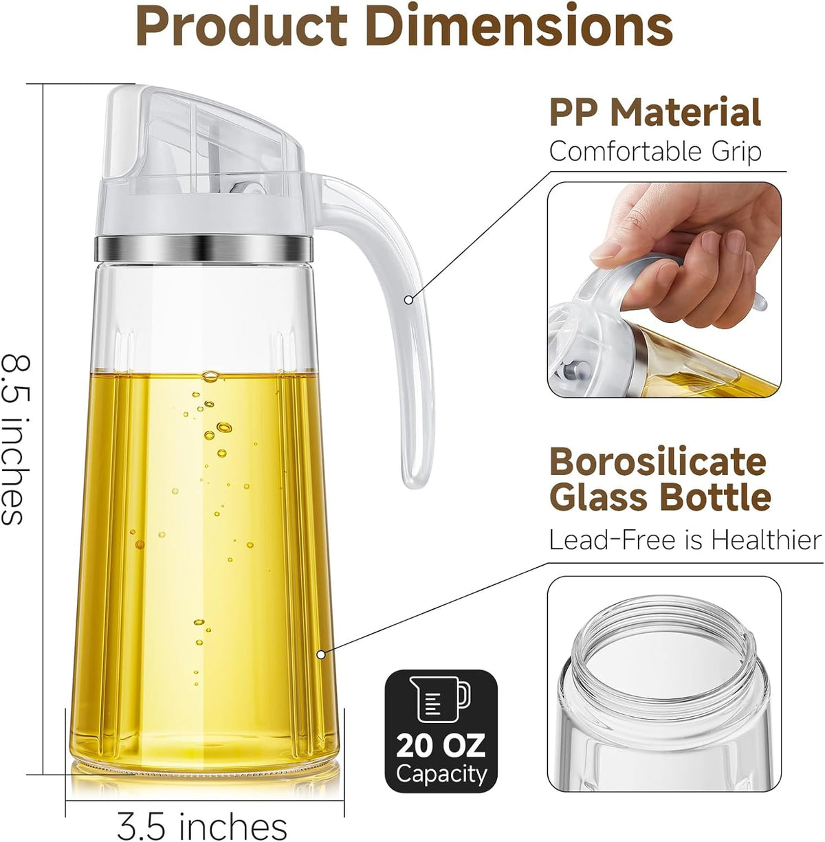 Marbrasse 20oz Glass Oil Dispenser Bottle with Auto Flip Cap, White