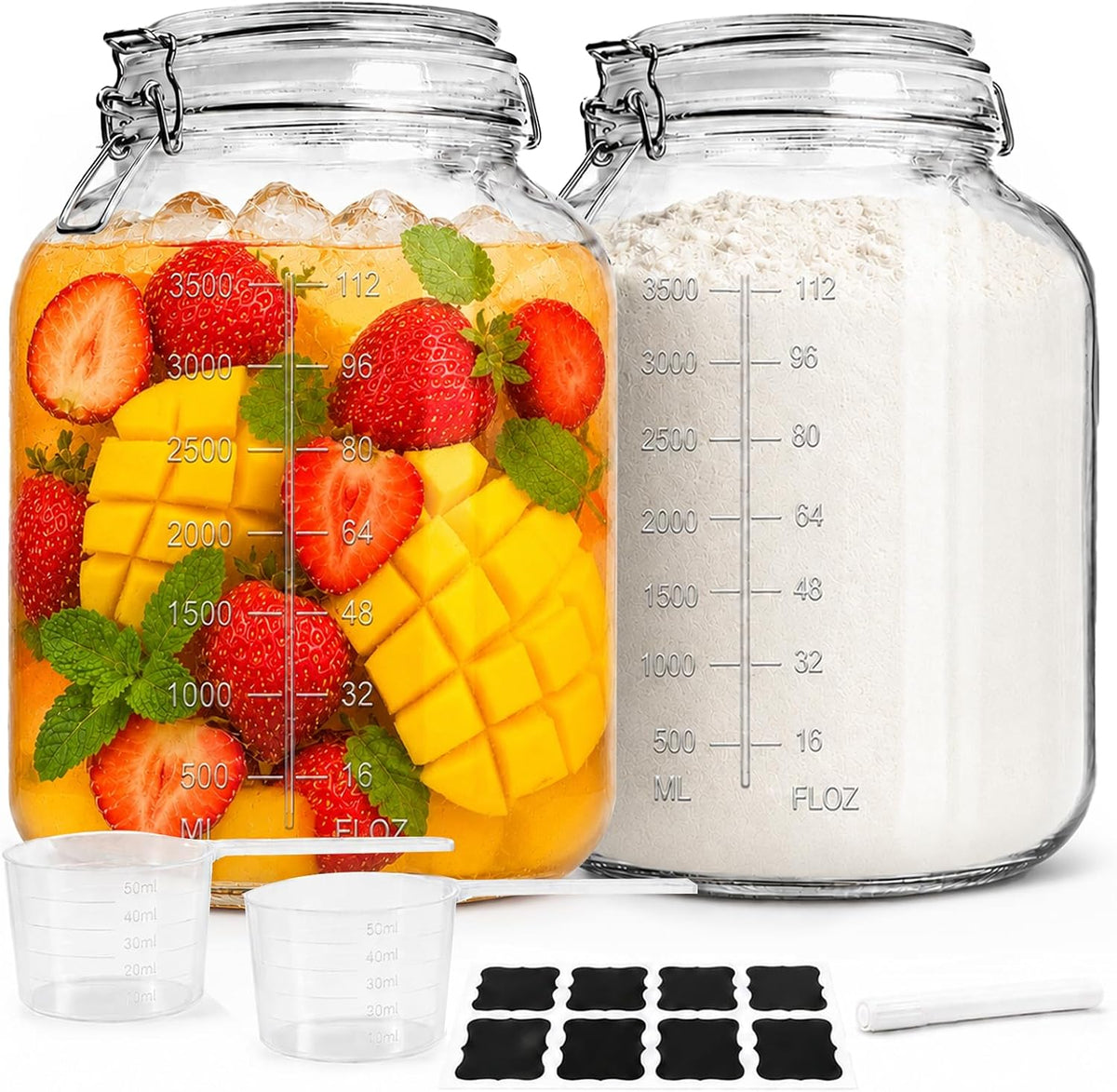 1.1 Gallon Glass Food Storage Containers with Airtight Lids, 2 Pack Large Flour Sugar Storage containers, Wide Mouth, Scoops, 8 Labels Included, Mason Jar for Pantry Organization, Pickling, Leak Proof