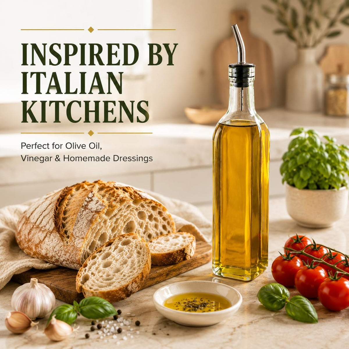 Olive Oil Dispenser Bottle - 16 oz, Made in Italy Glass Olive Oil and Vinegar Cruet with Stainless Steel Spout for Kitchen, Slight Green Tint (2, 473 ml)