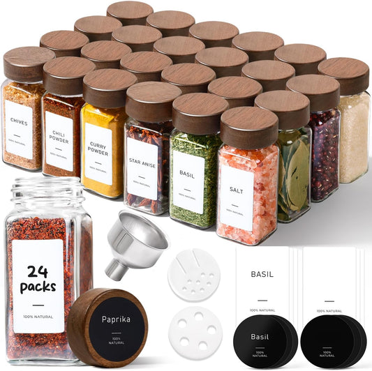 ComSaf Glass Spice Storage Jars with Acacia Wood Lids & Labels 4Oz 24Pack
