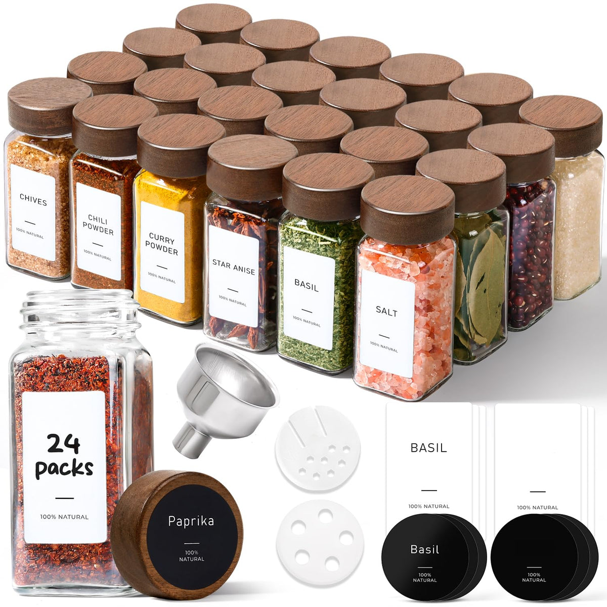 ComSaf Glass Spice Storage Jars with Acacia Wood Lids & Labels 4Oz 24Pack