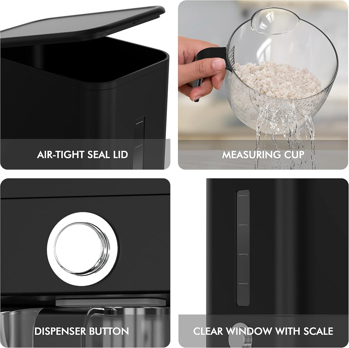 25lb Rice Dispenser - Air Tight Grain & Rice Container With Smart Quantity Dispense, Measuring Cup - NEW Black Design Grain Storage Container.