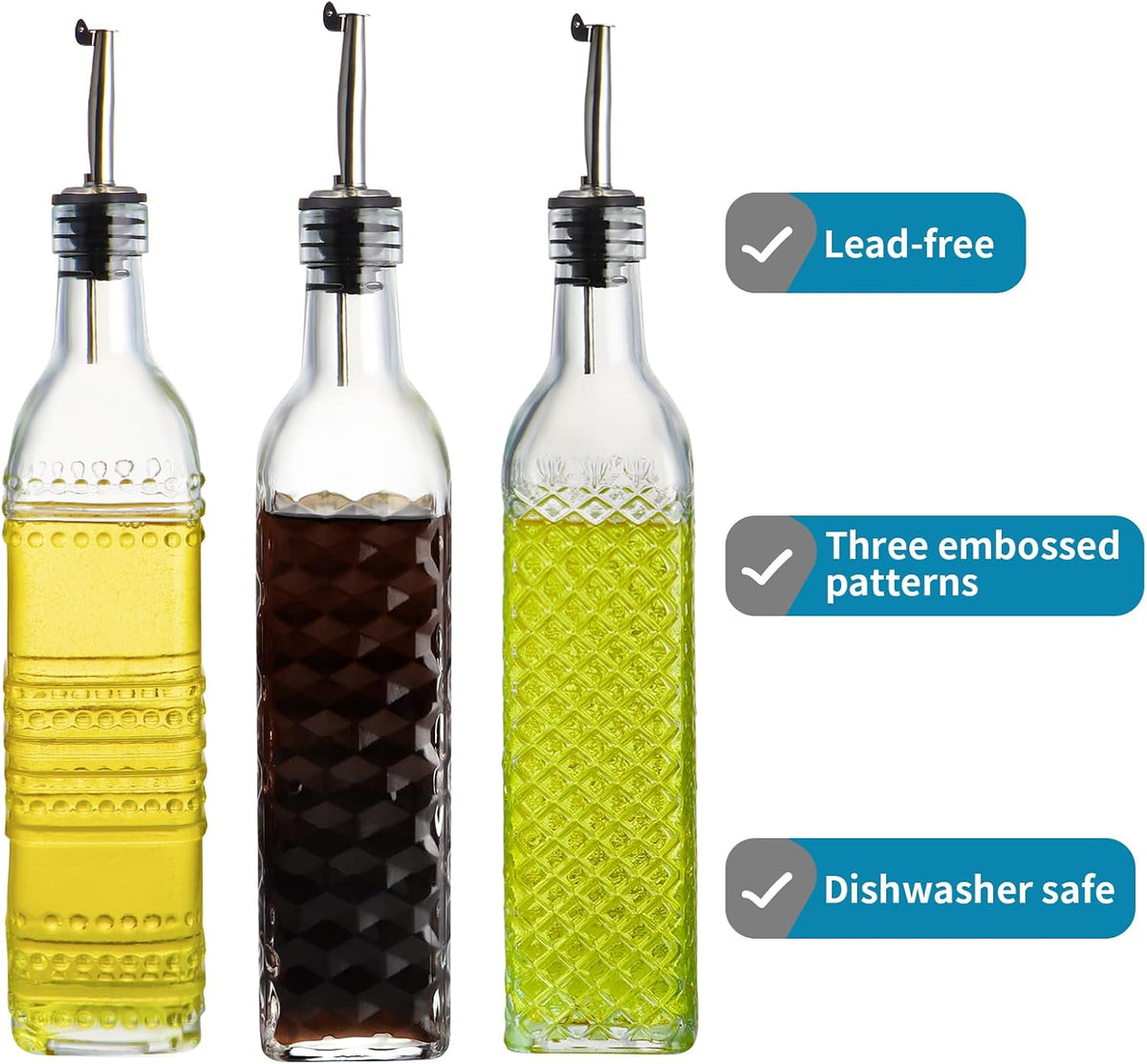 MDLUU Oil and Vinegar Dispenser Set, 17oz Clear Glass Olive Oil Bottles, Kitchen Vinegar Decanters with 3 Spouts, 3 Plugs, 1 Funnel, Pack of 3