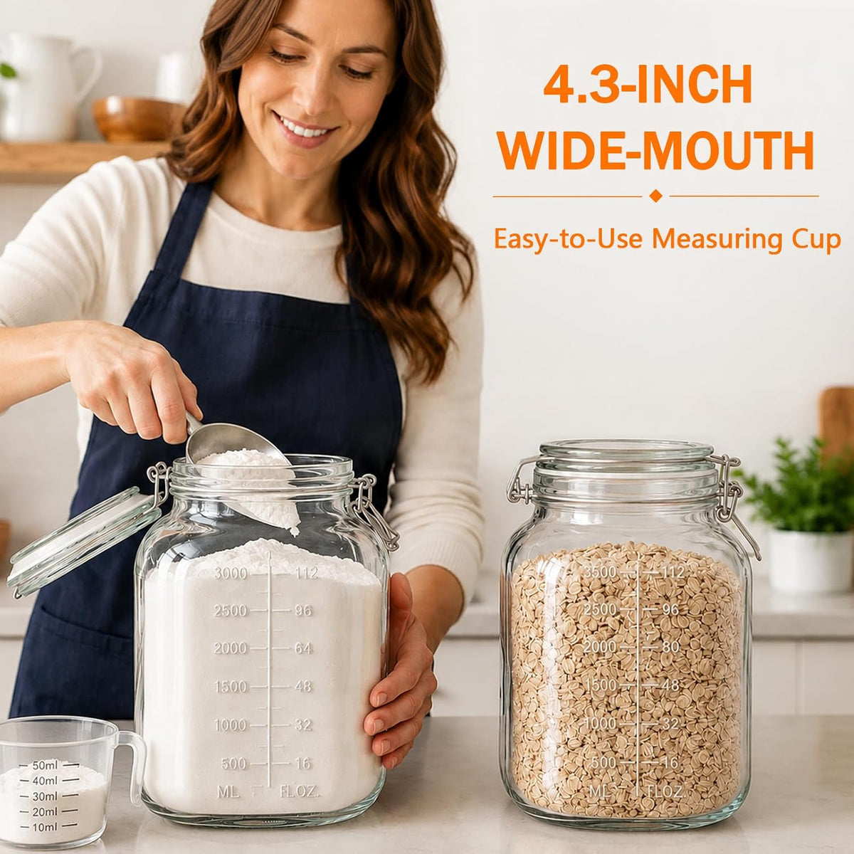 1.1 Gallon Glass Food Storage Containers with Airtight Lids, 2 Pack Large Flour Sugar Storage containers, Wide Mouth, Scoops, 8 Labels Included, Mason Jar for Pantry Organization, Pickling, Leak Proof