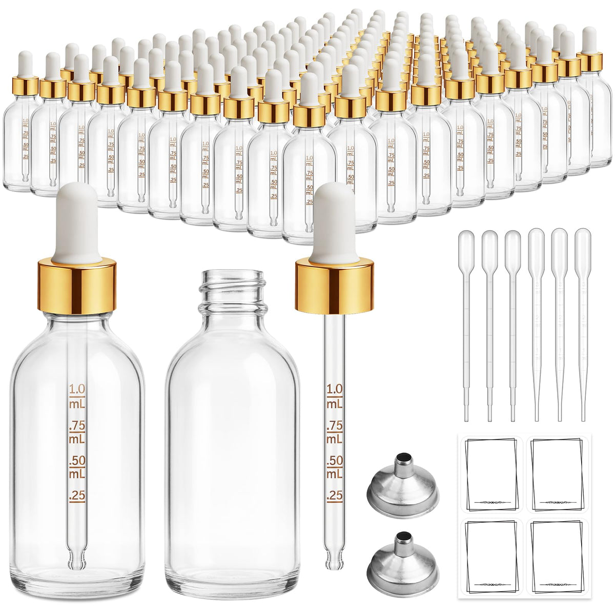 Bumobum 24 Pack 2 oz Clear Glass Dropper Bottles, 60ml Tincture Bottles