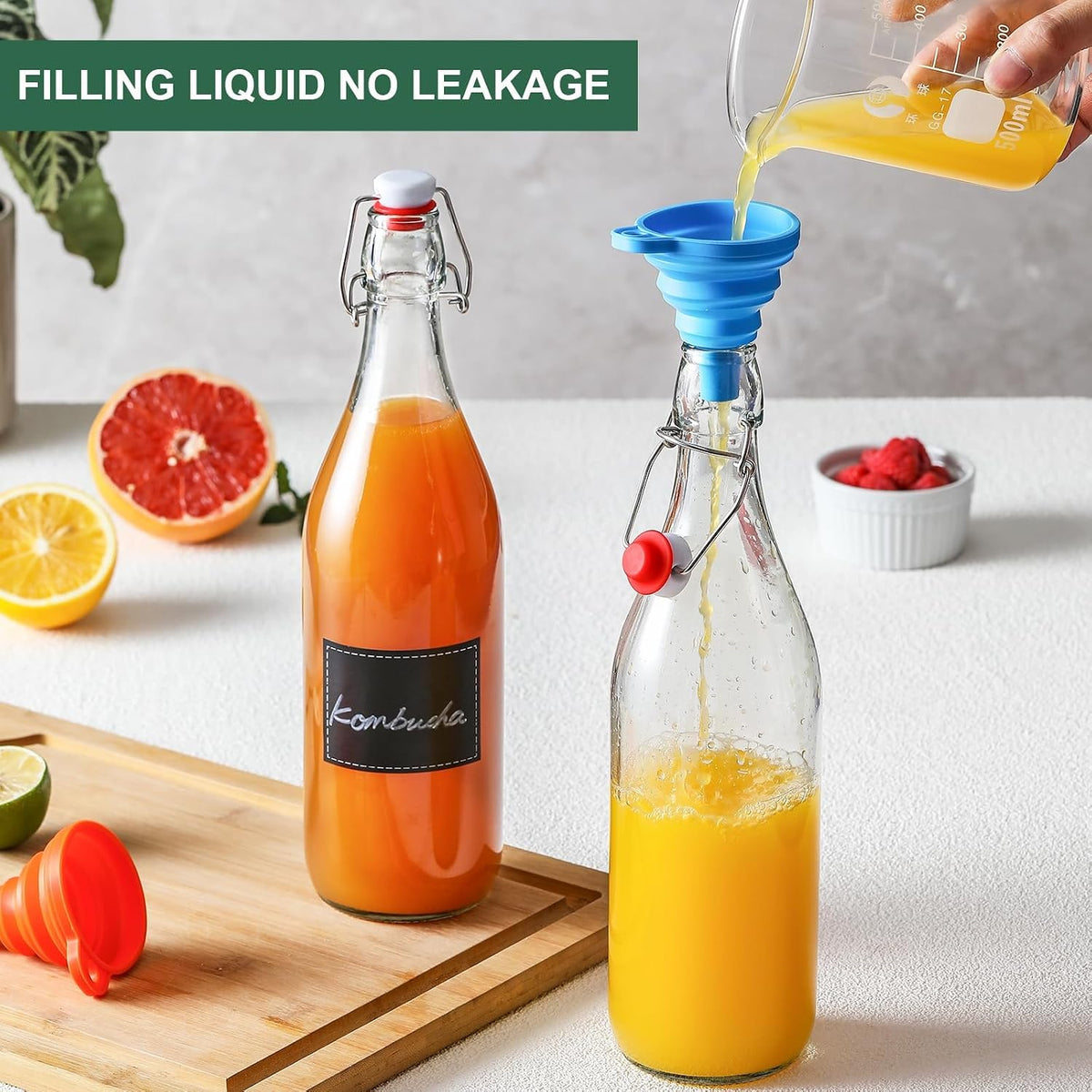 8 PACK [1 Liter/33 fl. oz.] Swing Top Glass Bottles w/ 2 Funnels & Pourers