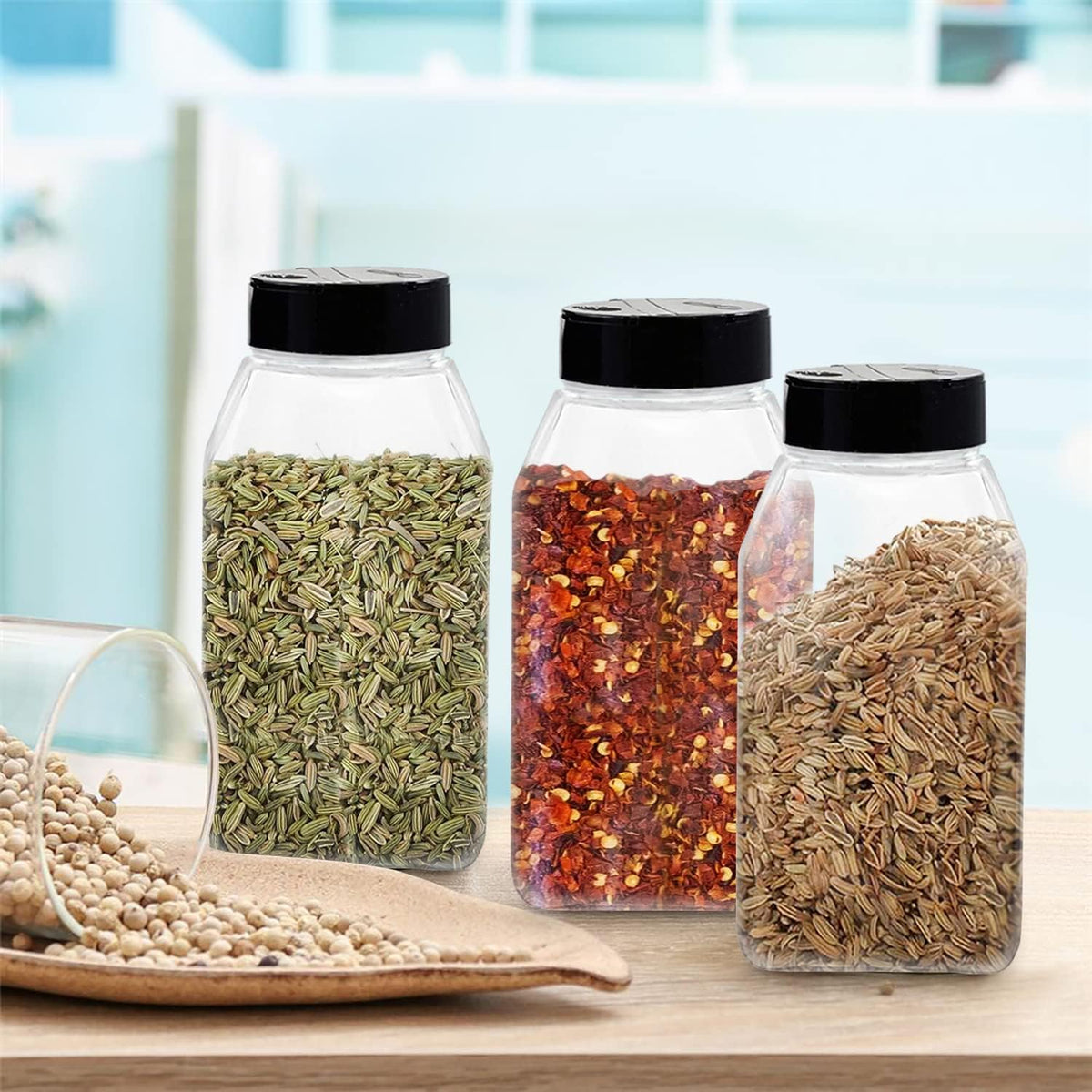Plastic Spice Jars Bottle Containers with Black Cap, 32 Oz, 6 PACK
