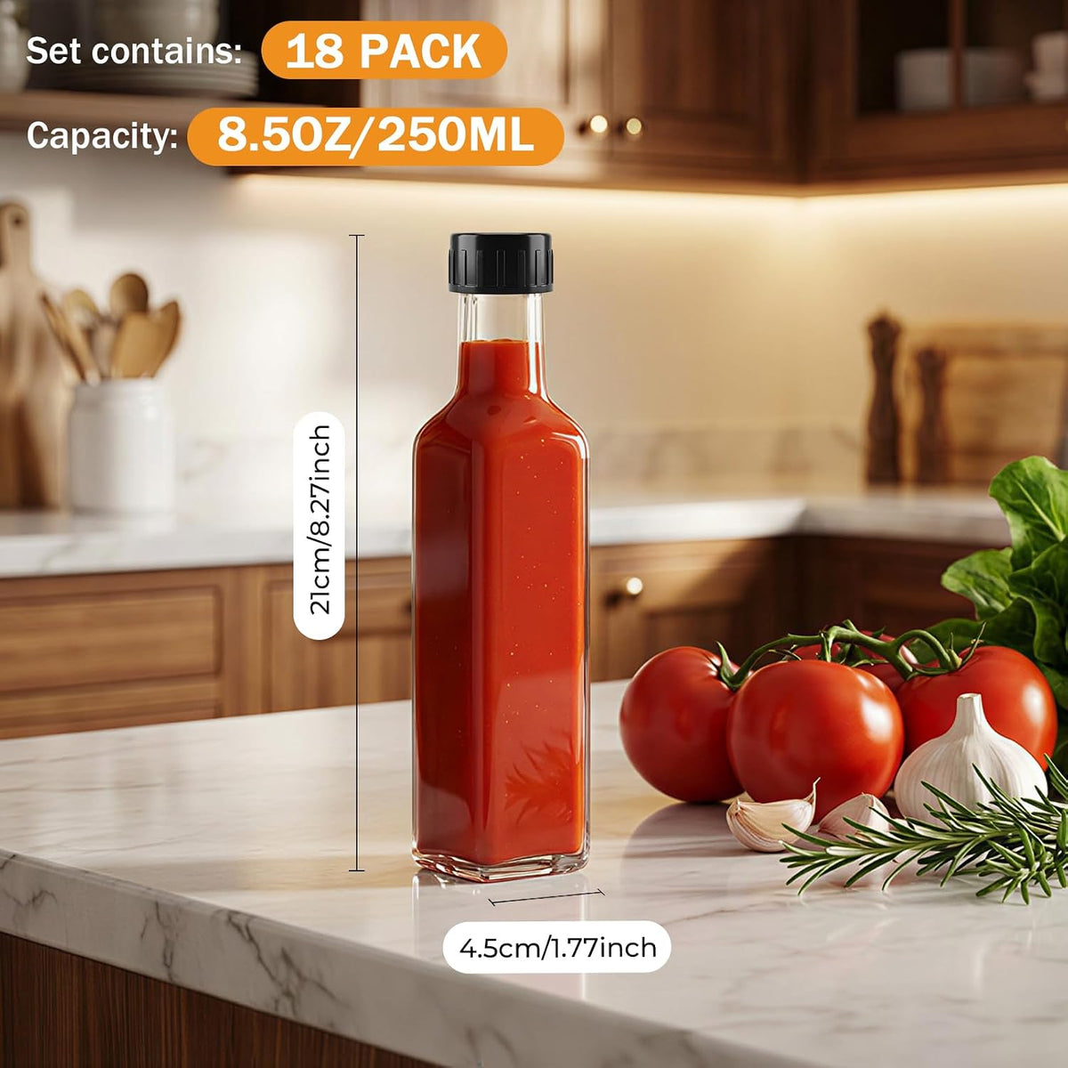 WERTIOO Hot Sauce Bottles 18Pack 8.5oz Square Glass Sauce Bottles with Lids