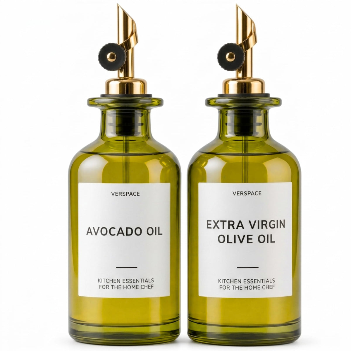 Verspace Green Glass Olive Oil Dispenser Bottles For Kitchen - 2 Pack - 12oz Includes 42 Kitchen Essential Labels, Avocado Oil Dispenser Set, Modern Decor for Home, Airbnb, Cafe