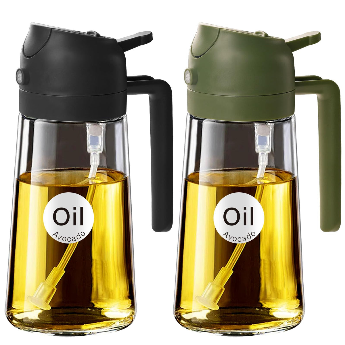 YARRAMATE Olive Oil Dispenser, 2 in 1 Oil Sprayer for Cooking, 16oz/470ml Glass Oil Spray Bottle with Pourer, Food-grade Oil Dispenser and Oil Sprayer for Kitchen, Salad, Frying, BBQ (Black & Green)