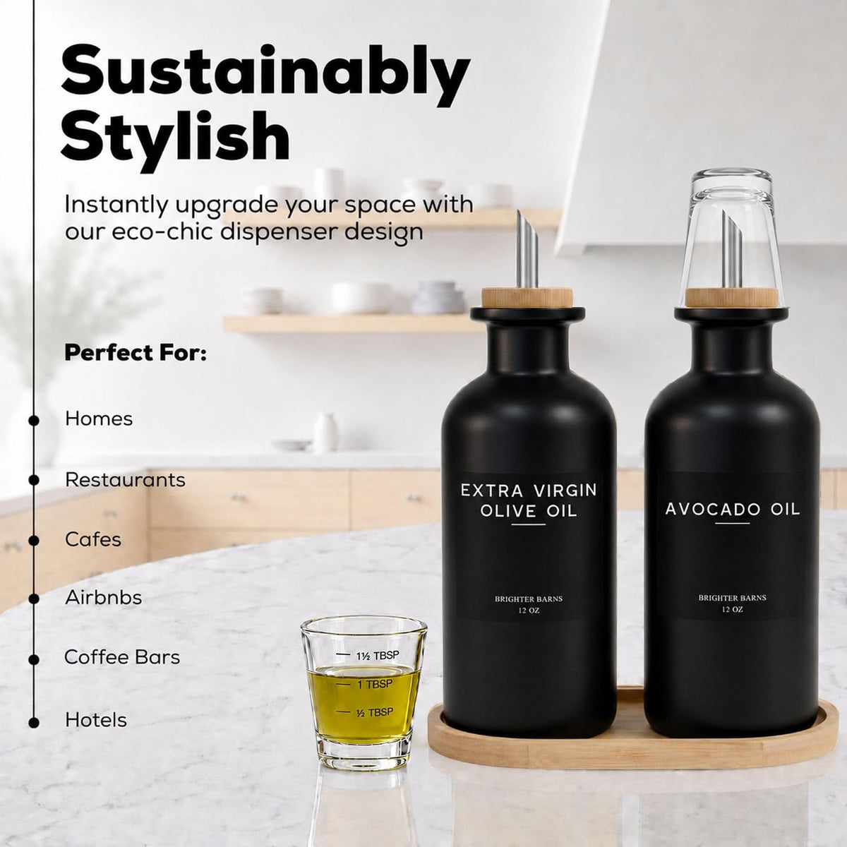 Brighter Barns Black Glass Olive Oil Dispenser Bottle for Kitchen Oil and Vinegar Dispenser, Soy Sauce Bottle - Farmhouse Kitchen Decor for Restaurant, Hotel, Coffee Bar Accessories (Black, 12oz)