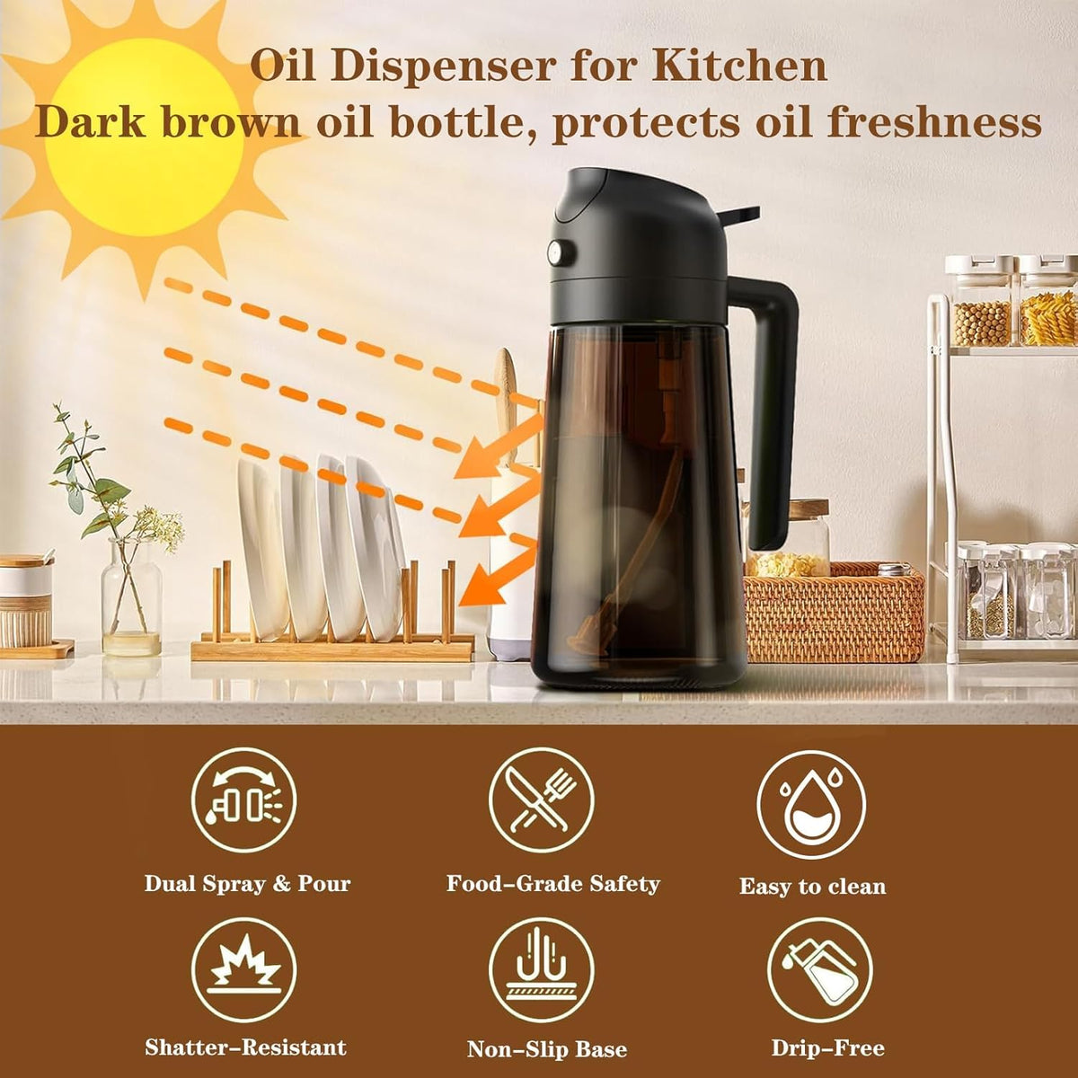Oliver Oil Sprayer Dispenser for Cooking Bottle 16oz Dark Glass 2pcs Black