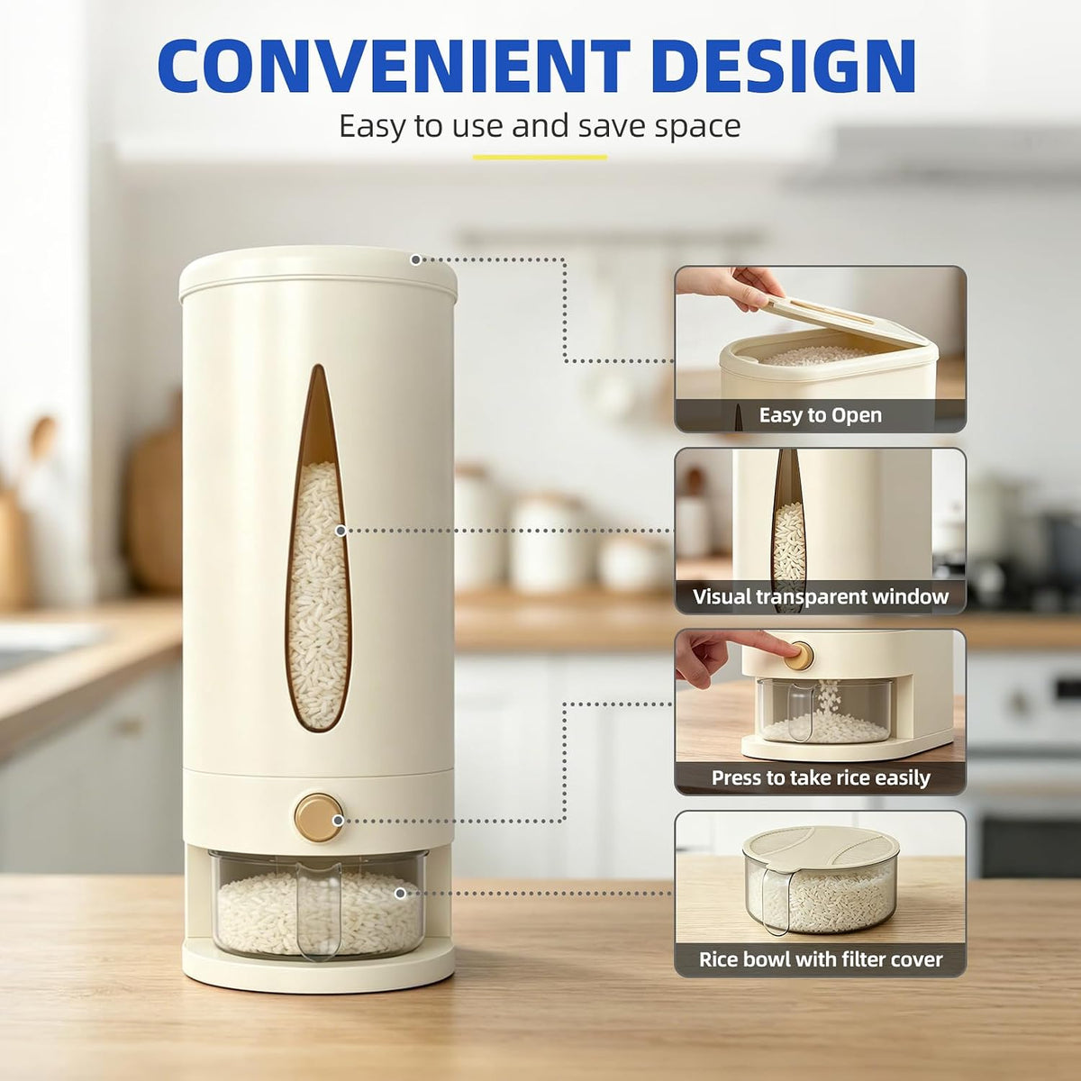 samstar Large Capacity Rice Dispenser 22-25 lbs, Sturdy & Airtight Rice Storage Container, Quick Rice Dispensing Design, Moisture Resistant Grain Storage Bin Rice Holder for Kitchen, BPA-Free, Beige