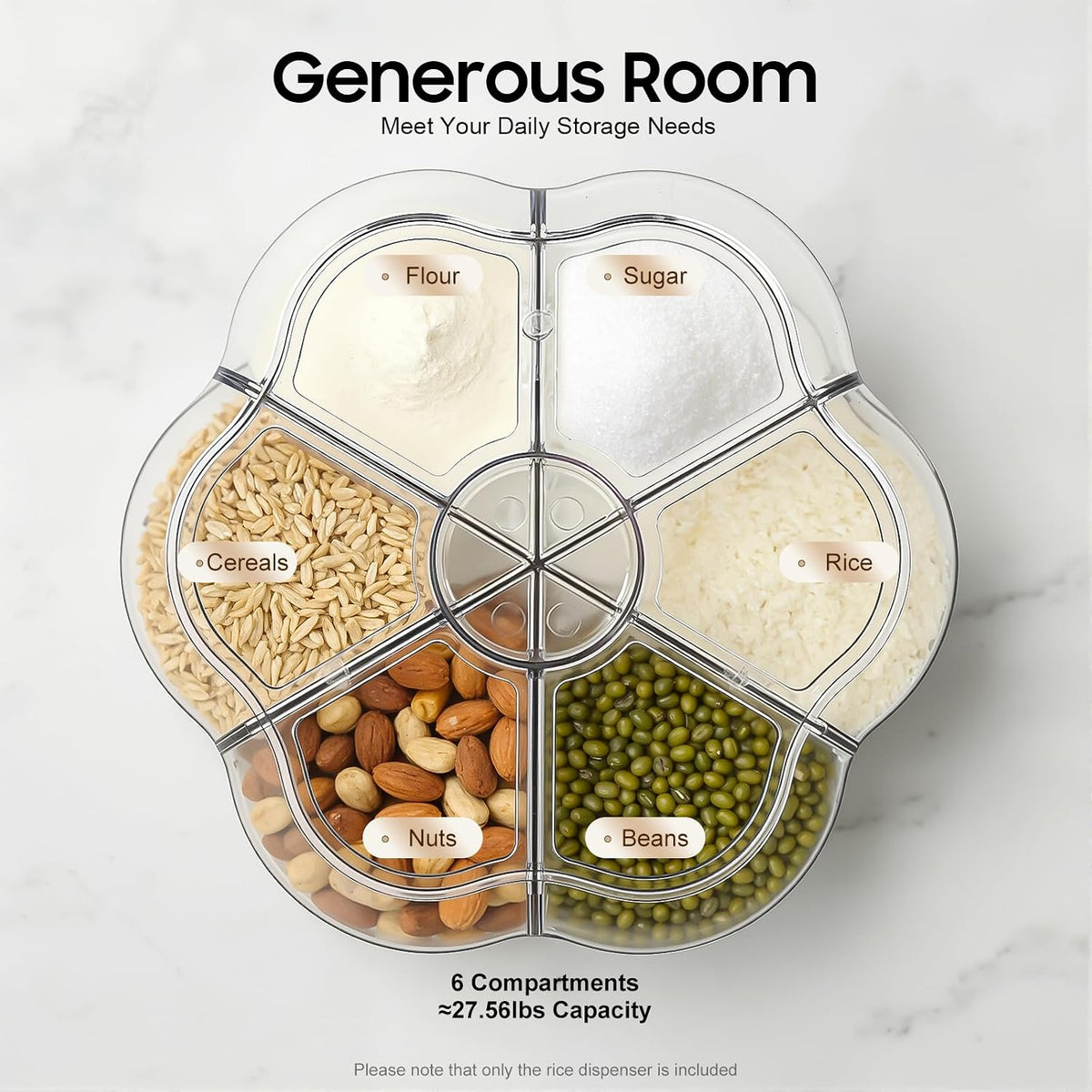 Rotating Food Dispenser,6-Grid Grain Storage Bin,Clear Cereal Container