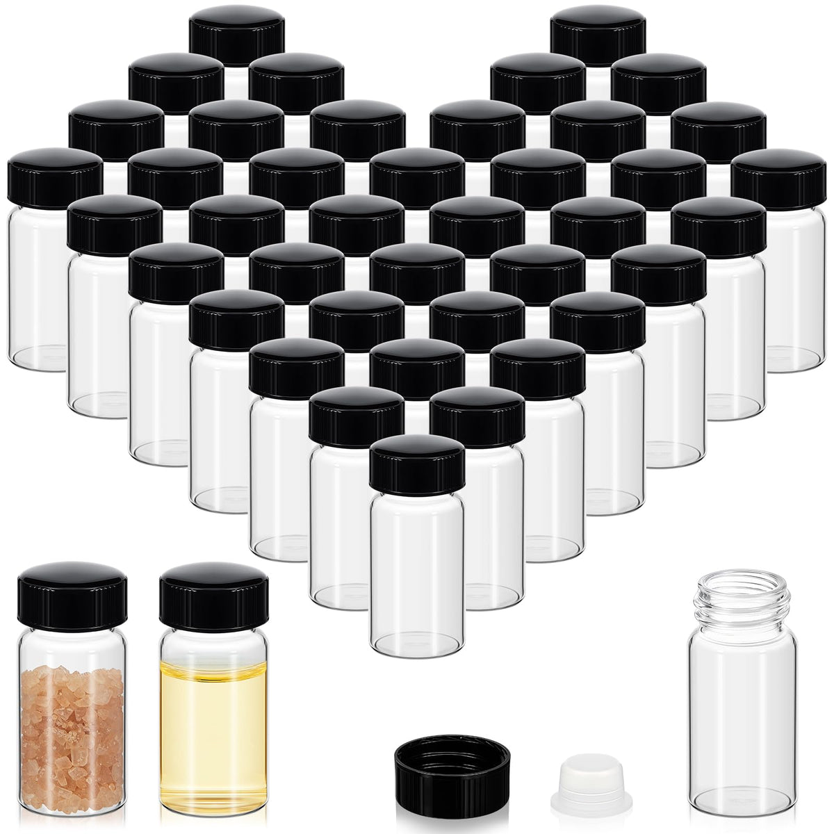 Lallisa 80 Pcs 5 ml Glass Vials with Screw Caps, Leakproof Small Glass Bottles Bulk, Mini Sample Vials with Plastic Stopper for Essential Oils, Sample, DIY Craft (Clear with Black Cap)