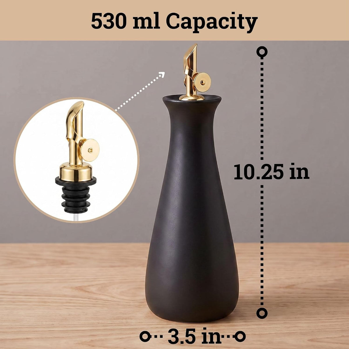 Ceramic Olive Oil Dispenser with Self-Closing Gold Spout, 530mL, Leakproof