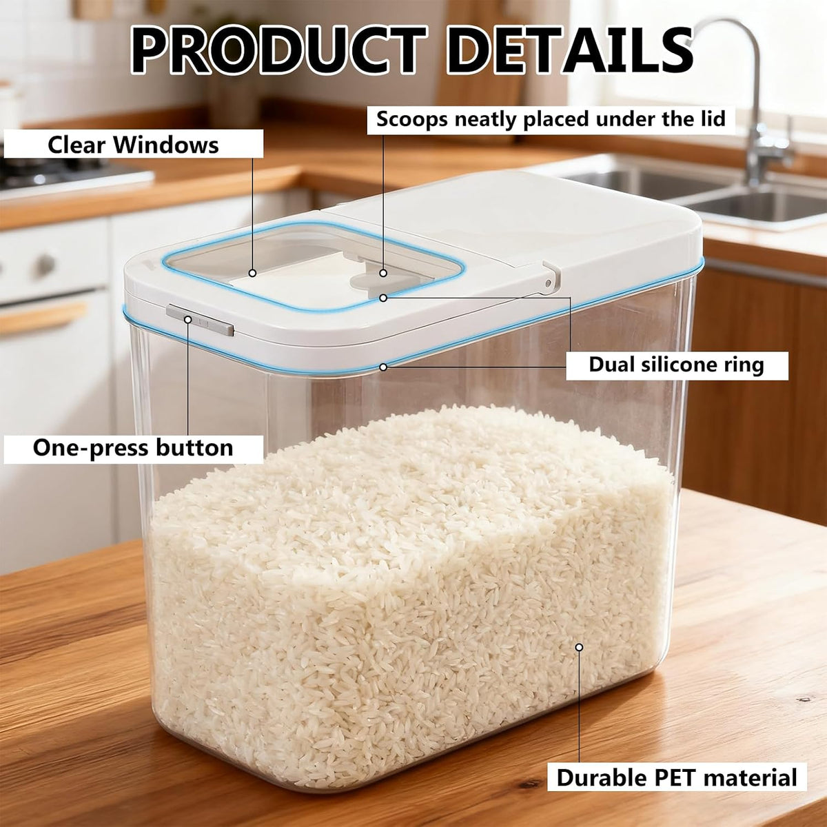 YEXEXINM 20-25 lbs Rice Dispenser with Measuring Spoon 11.4Qt/12L Tall and Narrow Food Storage Flour Bin Large Airtight Food Storage Rice Container for Kitchen Pantry Organization Slim Space-Saving